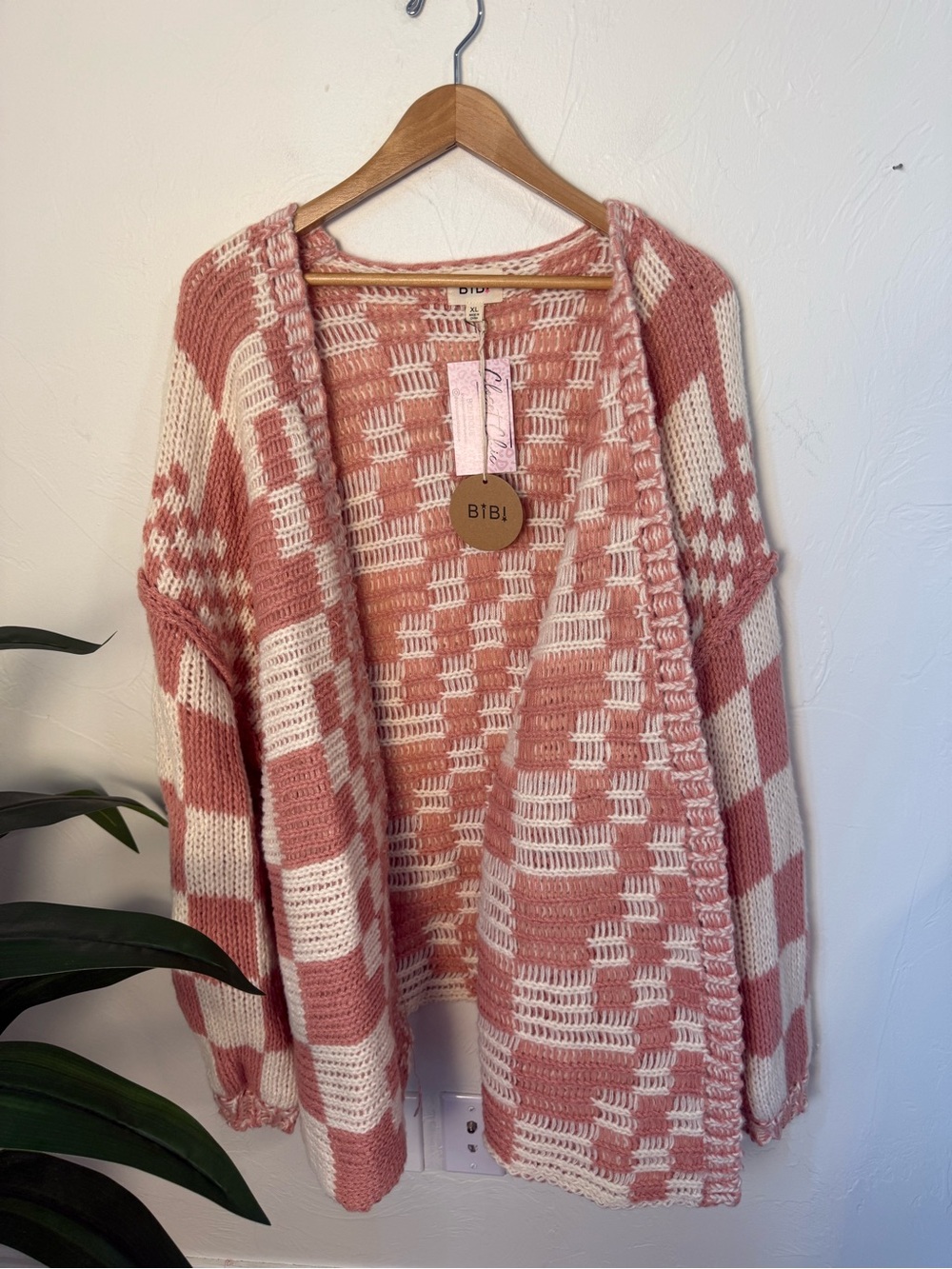 BIBI Chunky Check Cardigan Pink Cream Open Front Sweater XL NWT